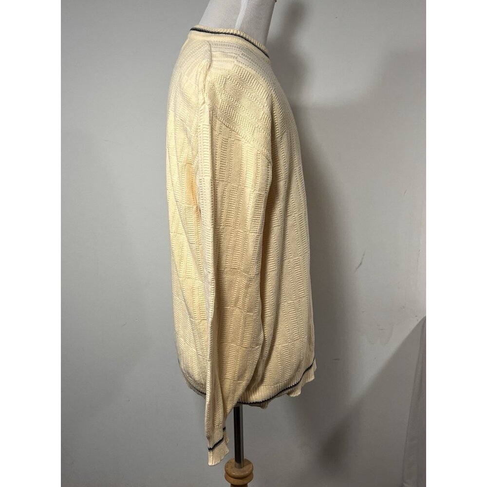 Vtg Carmel Cotton Knit Sweater Cream Yellow Blue Trim Golfer Made in USA L Golf - Picture 3 of 11
